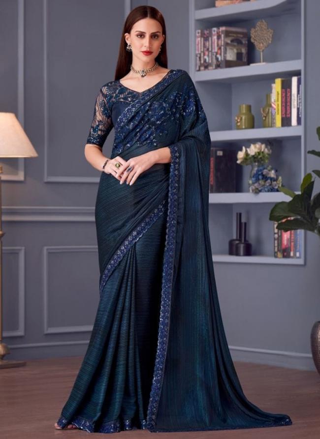 Glitter Silk Navy Blue Party Wear Embroidery Work Saree